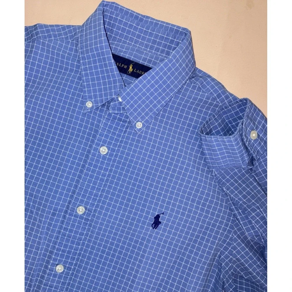 Polo Ralph Lauren Blue White Plaid Check Button Down Mens Medium Long Sleeve
